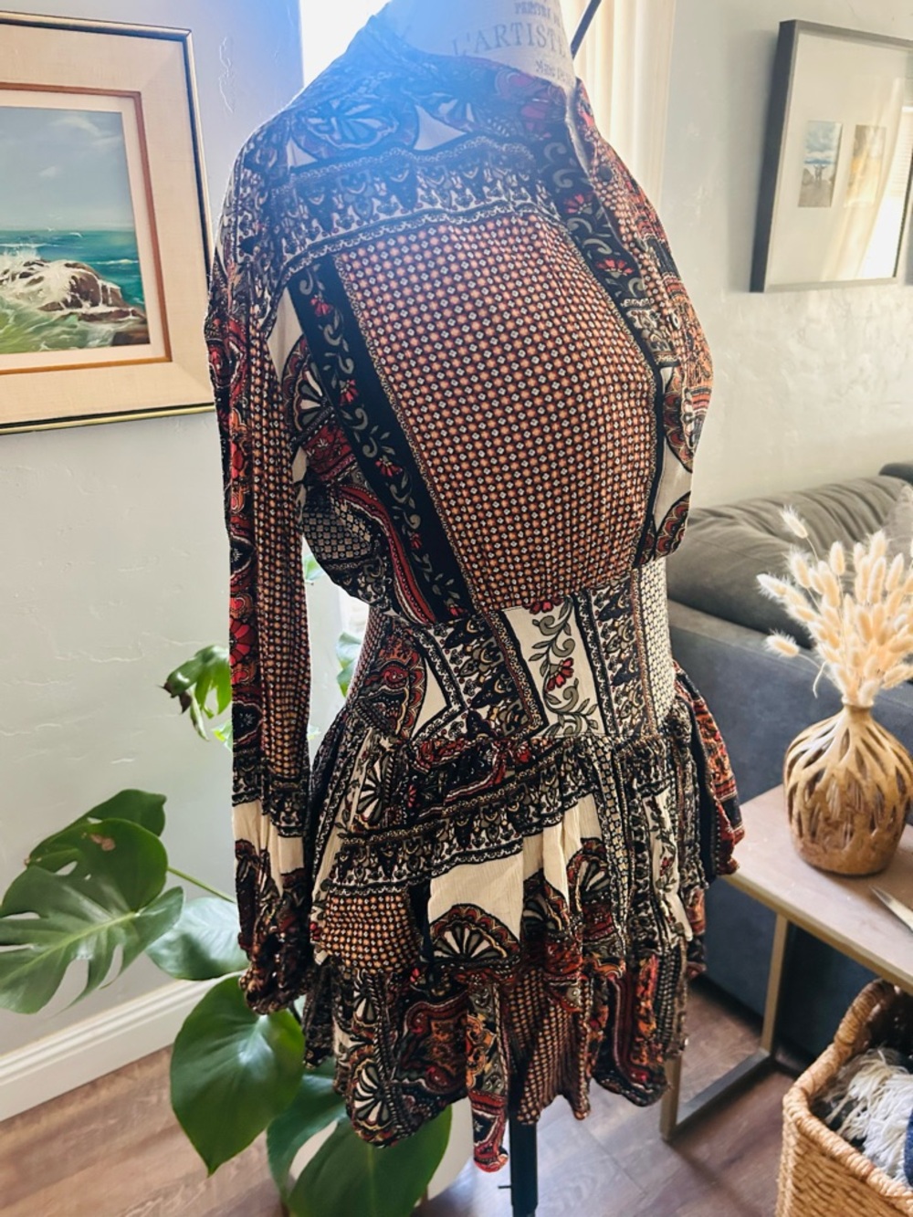 Police Bohemian Patchwork Long-Sleeve Tiered Mini Dress - Rust Multi